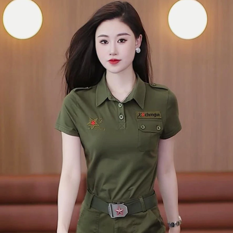 [单件]新款289翻领短袖T恤女夏军旅风休闲户外运动工装服上衣半袖