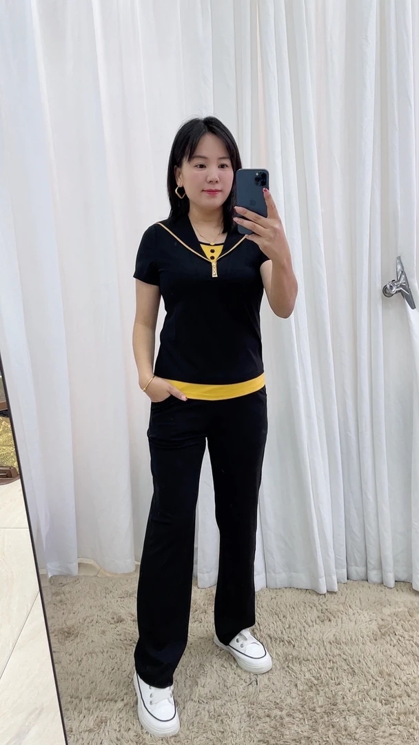 百花果2025夏季新款短袖套装上衣假两件拼接修身套装遮肉显瘦时尚