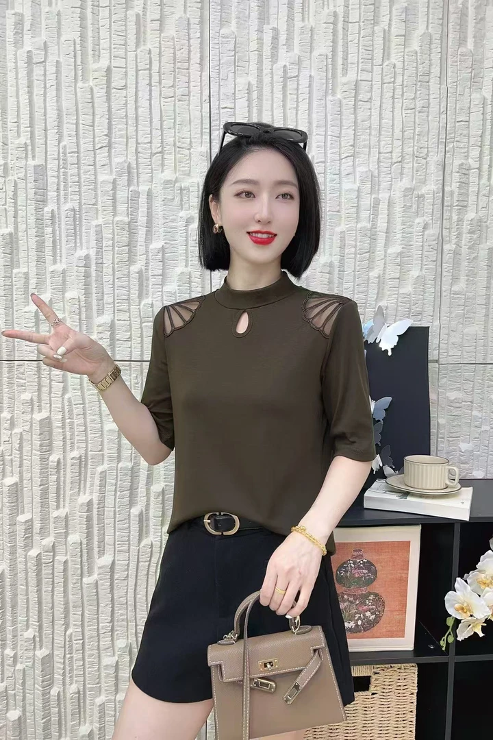 2025秋季半高领气质优雅时尚百搭显瘦中袖棉打底衫T恤