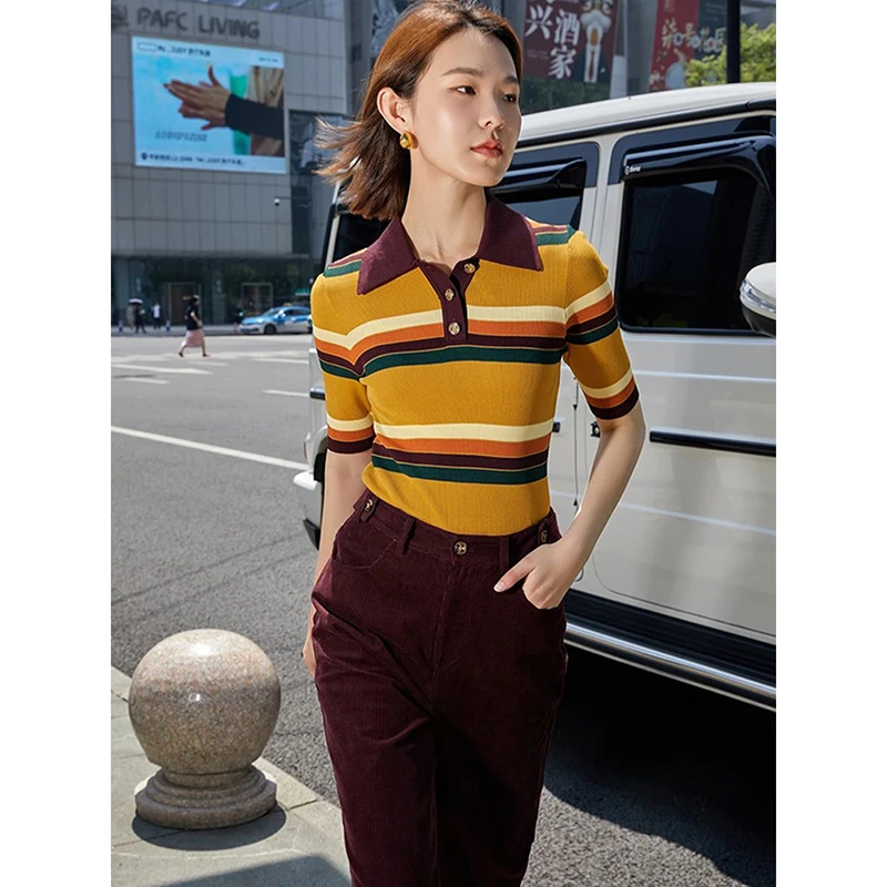 36921【N系列】条纹撞色翻领针织衫M23Q1M5167