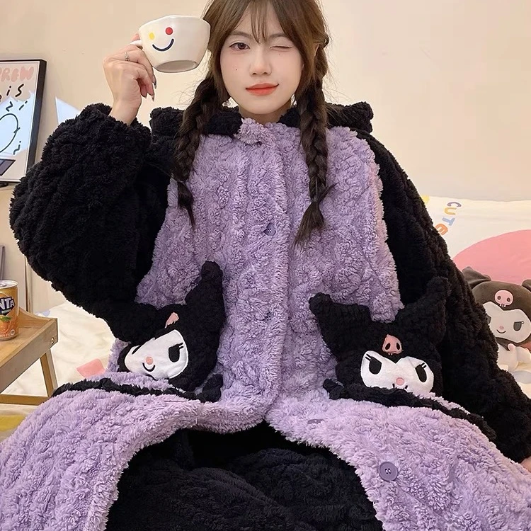 可爱卡通长款连帽家居服套装加厚保暖三层夹棉睡衣女2024冬季新款