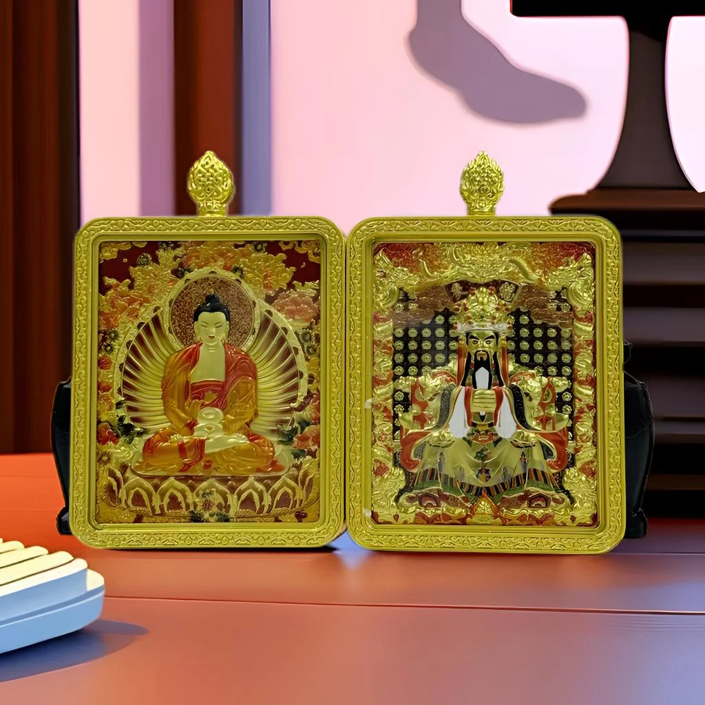 《慧见藏传》五爷双面Z05八大守护立体唐卡福牌，鎏金镀K金工艺