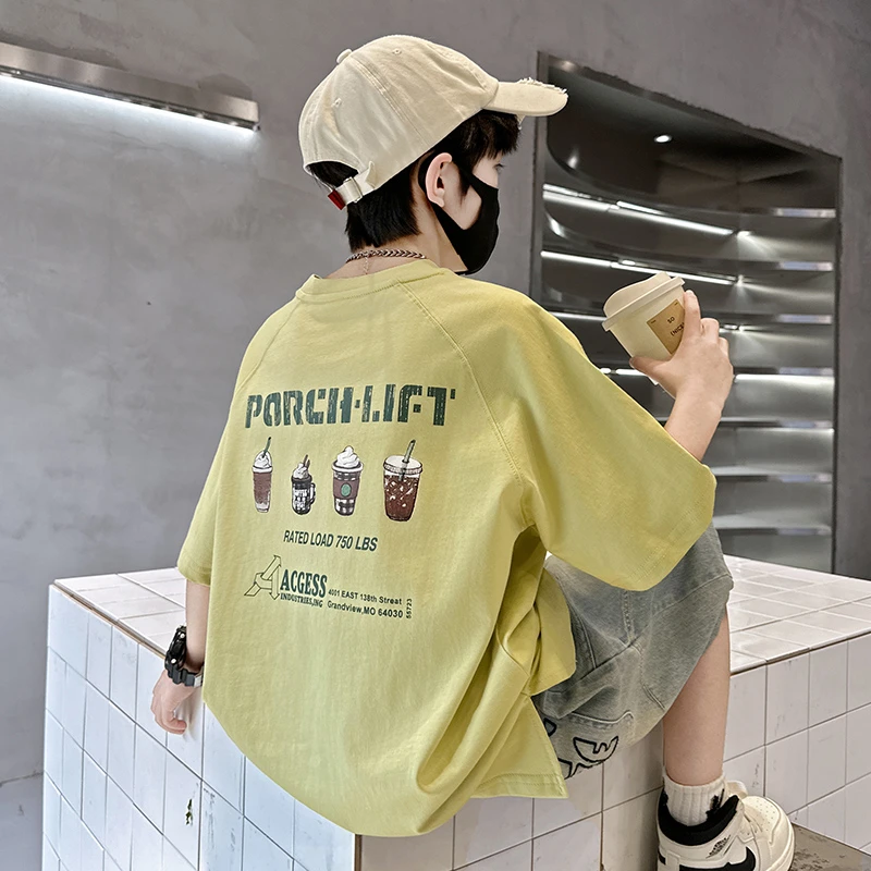 圆领短袖2025新款男童夏季童年T恤宽松夏装中大童印花男童男孩潮