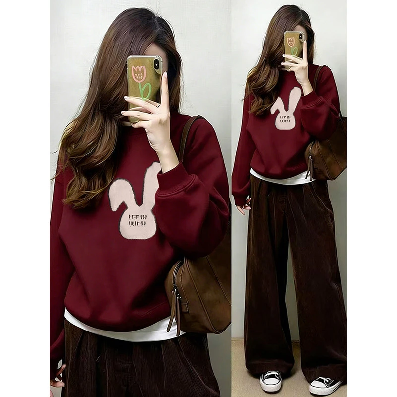 2026新款本命年酒红色圆领卫衣女马年新年衣服喜庆加绒加厚上衣潮