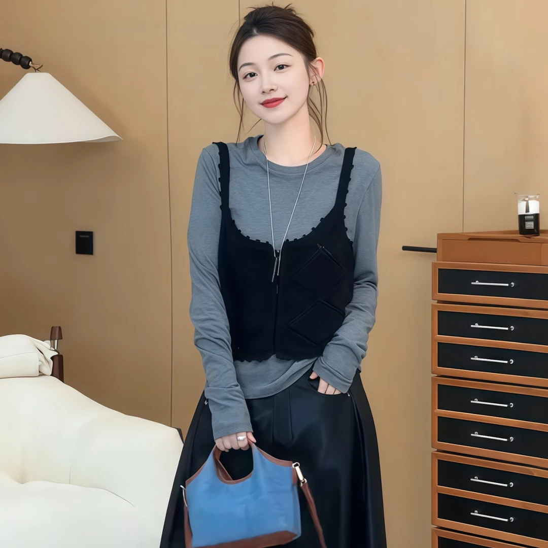 设计感韩系减龄套装女2025秋季大码胖MM新款钩织吊带+T恤两件套