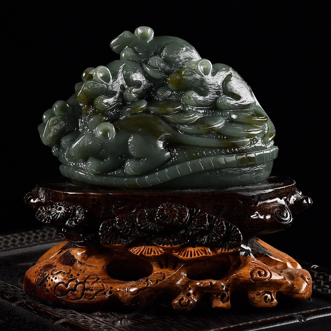 且末蓝天然和田玉俏糖色五鼠运财摆件办公室书房鼠来宝摆件