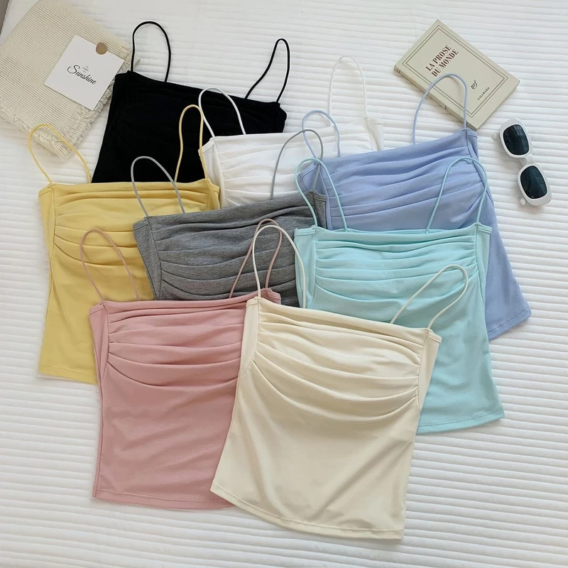 2025早秋百搭纯欲甜辣妹褶皱吊带背心带胸垫裹胸修身显胸大抹胸