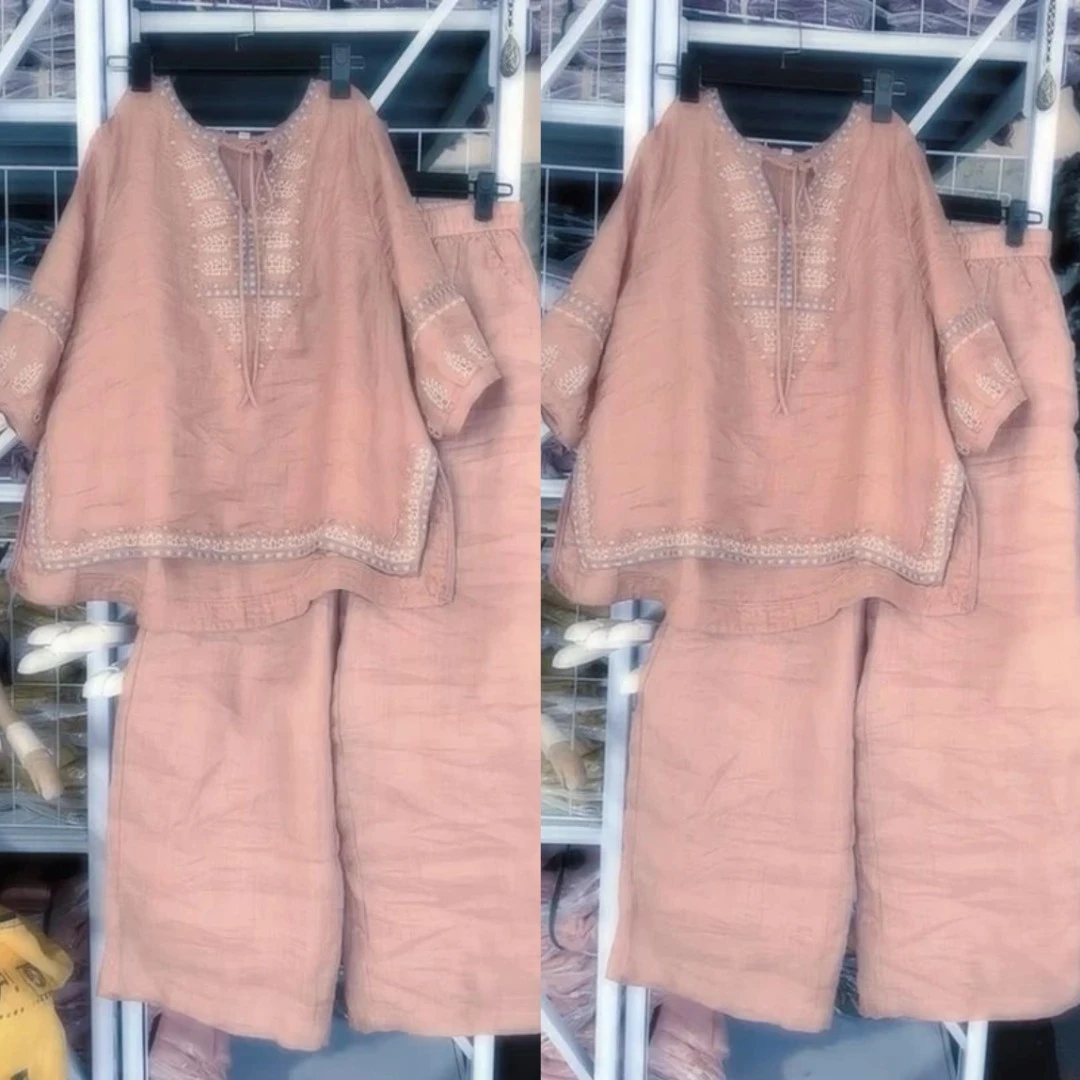 欧洲站2025夏季新款慵懒风宽松圆领上衣女松紧腰纯色休闲裤两件套