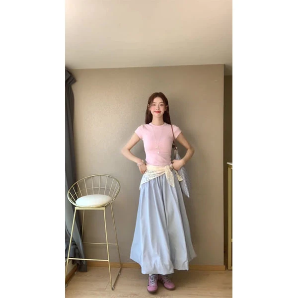 韩系设计感超好看正肩短袖粉色T恤女新款蓝色蓬蓬花苞半身裙套装