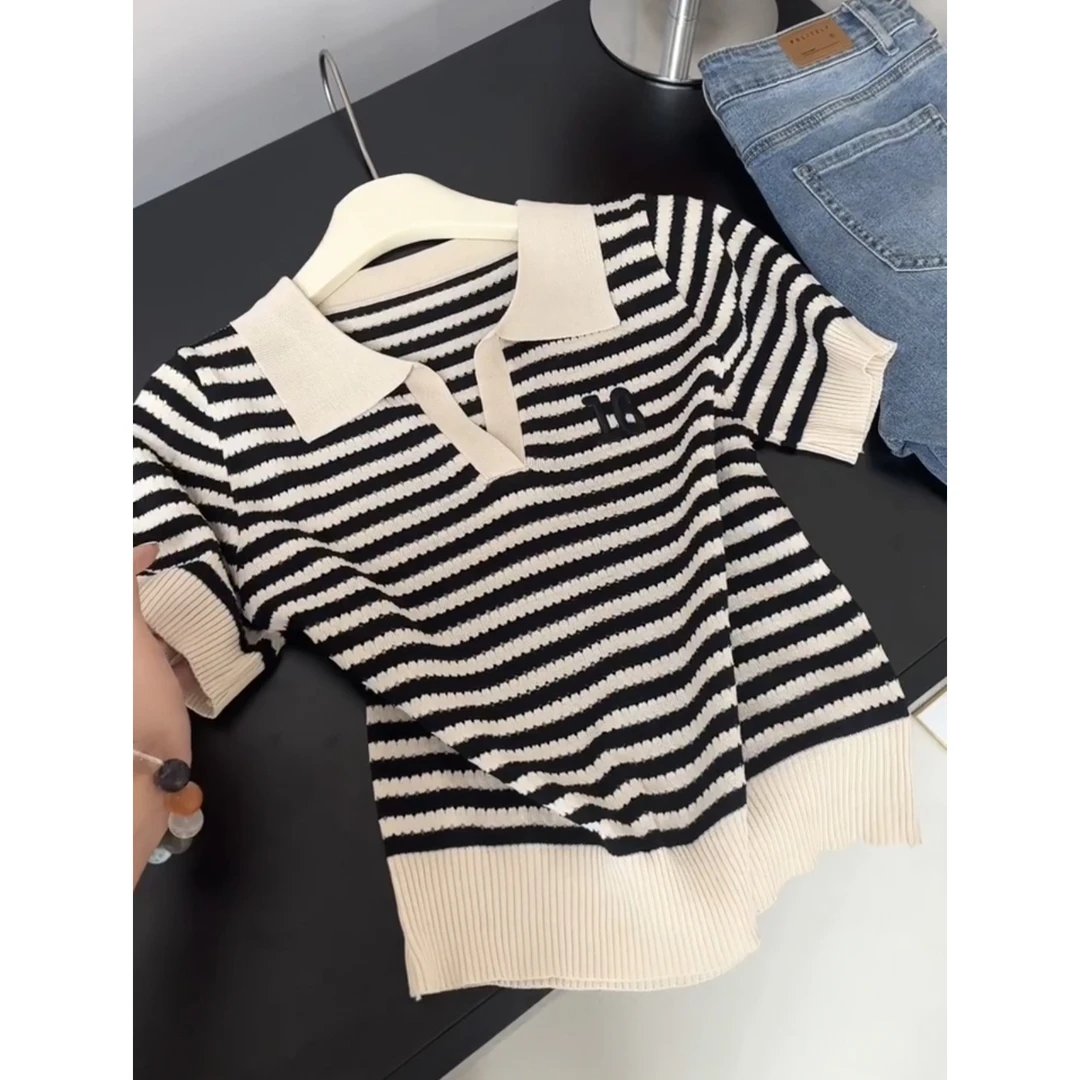 条纹正肩短袖t恤女夏季2025新款夏日ootd穿搭设计感小众漂亮上衣