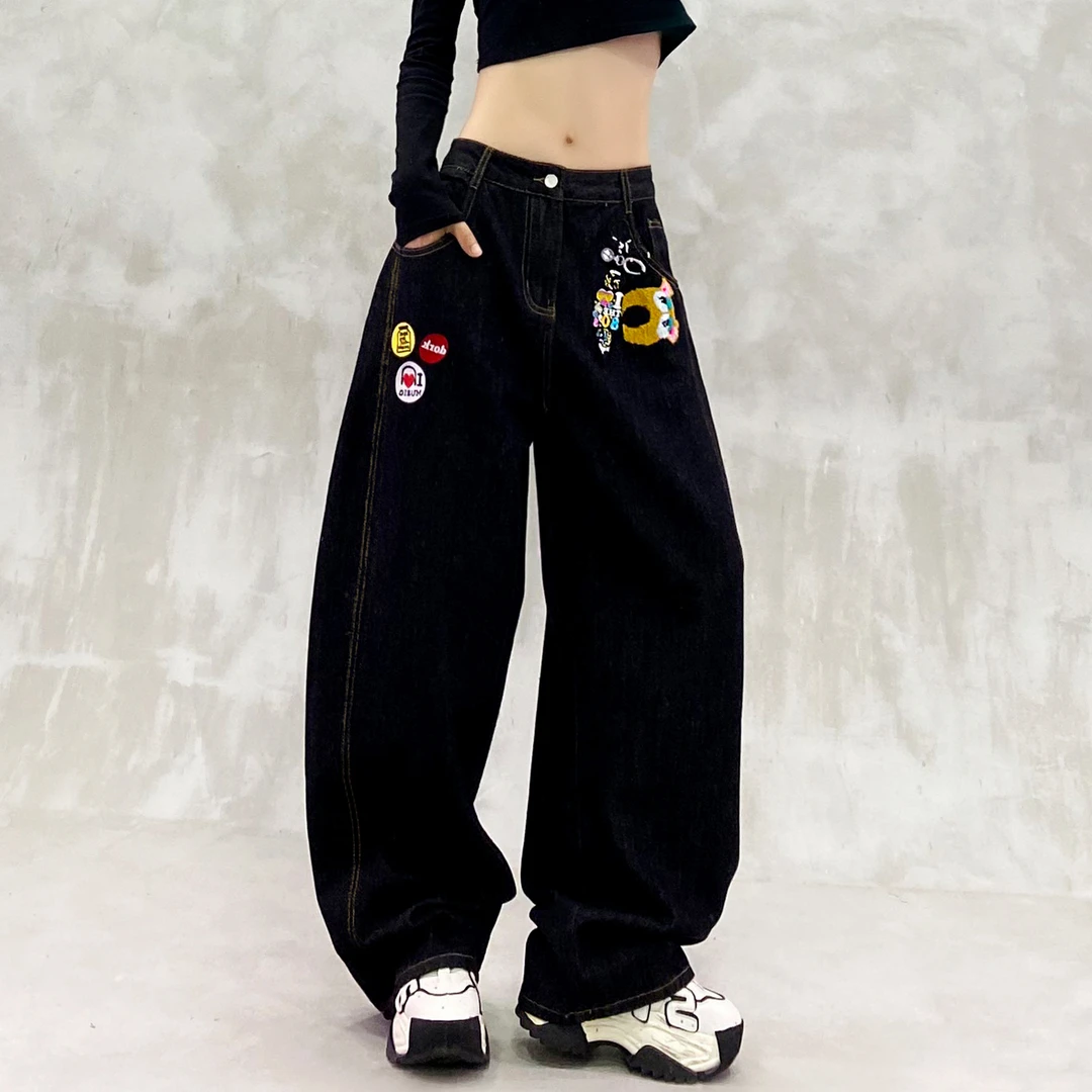 明线拼色刺绣休闲弯刀牛仔裤女秋新款高腰宽松显瘦百搭直筒香蕉裤