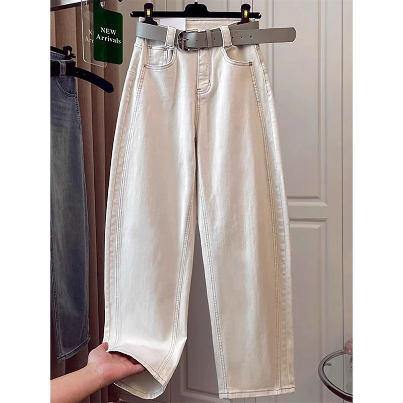 大码米白色弯刀牛仔裤女秋季胖mm梨形身材宽松高腰显瘦直筒阔腿裤