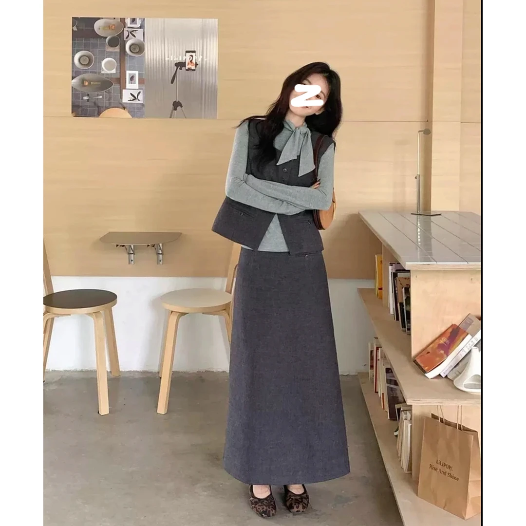 1126309-1流行复古休闲风套装裙女秋季新款马甲打底衫裤子三件套