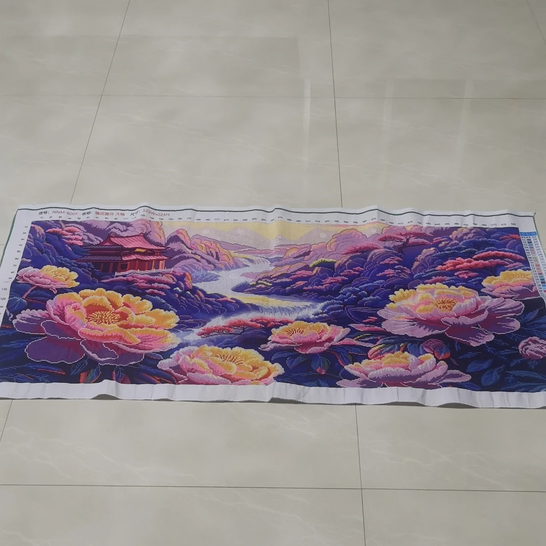 纯手工十字绣成品客厅紫气东来背靠金山花开富贵牡丹山水150*75cm