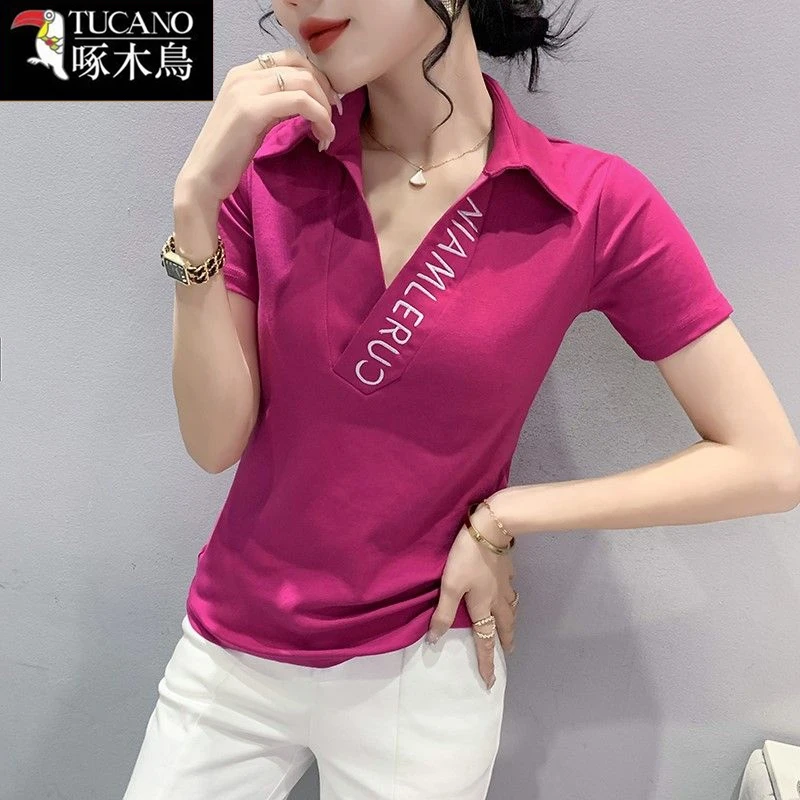 啄木鸟2025年夏装新款刺绣翻领套头T恤女士减龄休闲百搭短袖上衣