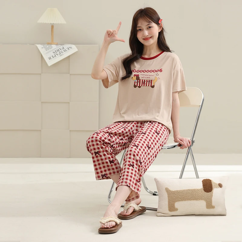 新款莫代尔凉感睡衣女士夏季短袖长裤薄款宽松休闲服可外穿套装