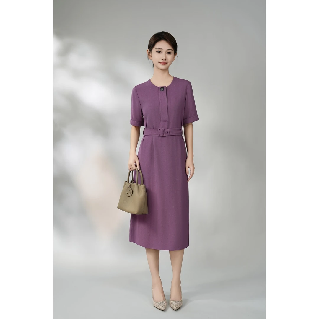西子/【紫色桔梗】苎麻圆领气质直身优雅长裙短袖连衣裙/CQCY095