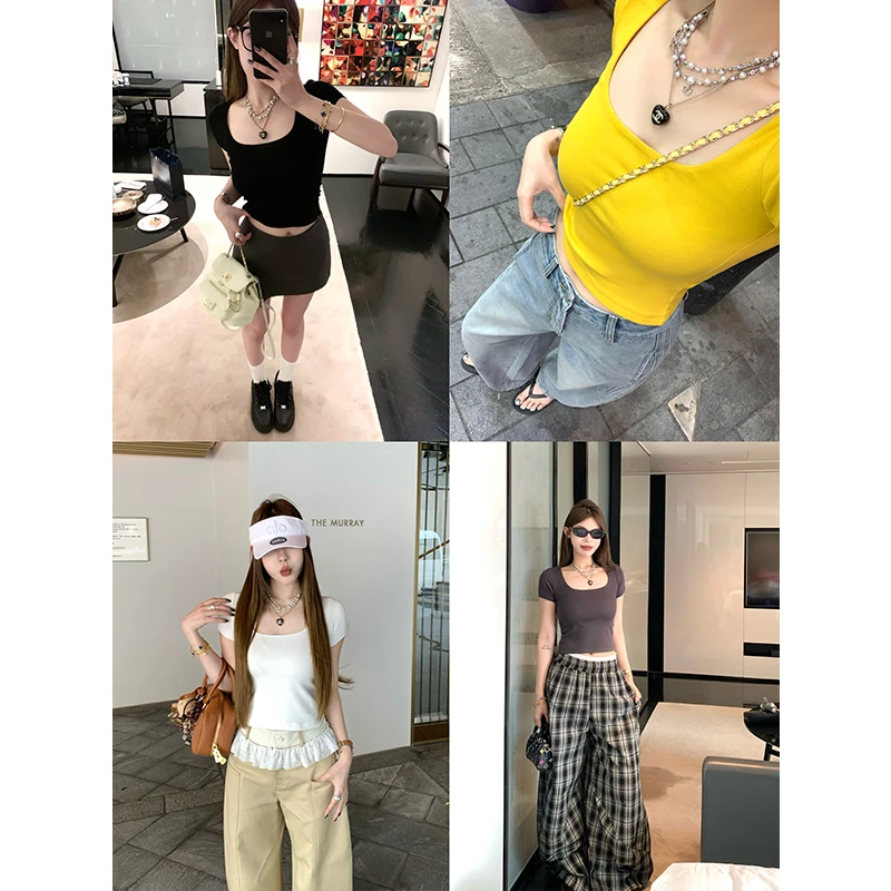 LUU桃喜儿/{买三免一！}修身短款方领T恤女夏百搭设计感短袖上衣