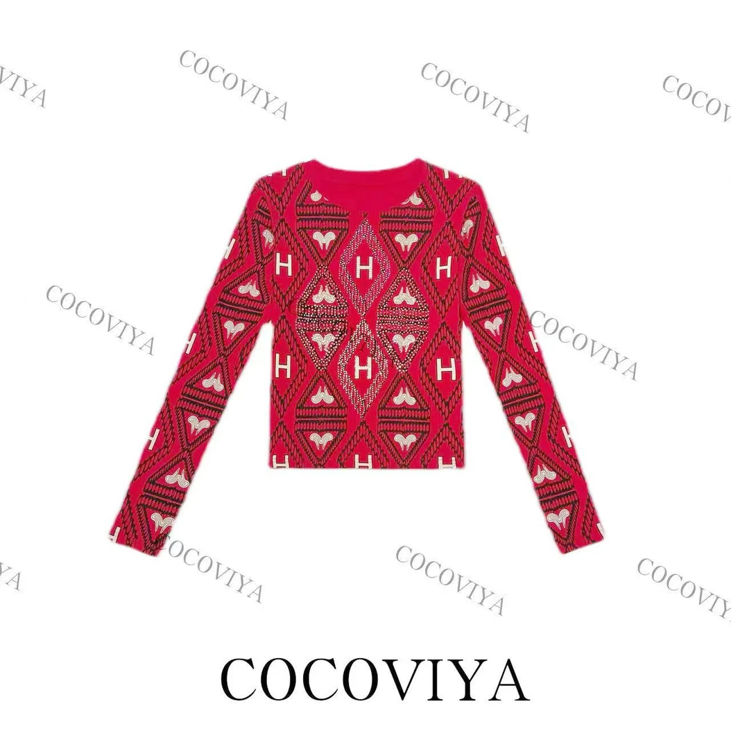 【CC】COCOVIYA华丽菱纹H字潮酷长袖T恤遮肉显瘦休闲上衣26C-866