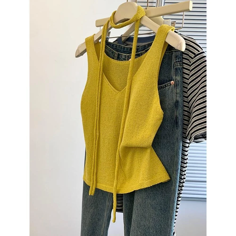 辣妹风v领冰丝针织吊带女2025夏款外穿挂脖飘带背心纯欲无袖上衣