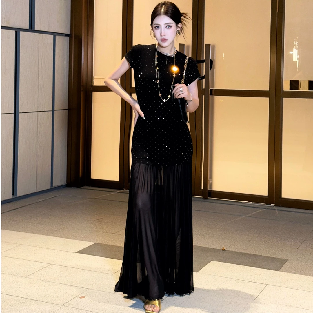 G. yantong/郭彦彤拼接网纱收腰小黑裙连衣裙显瘦夏季高腰LYQL22