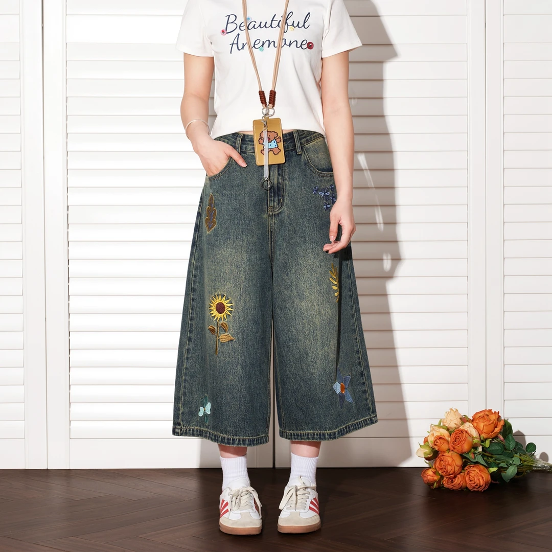 BEETLE TOWN向日葵绣花牛仔裤复古宽松七分裤设计感春季男女同款