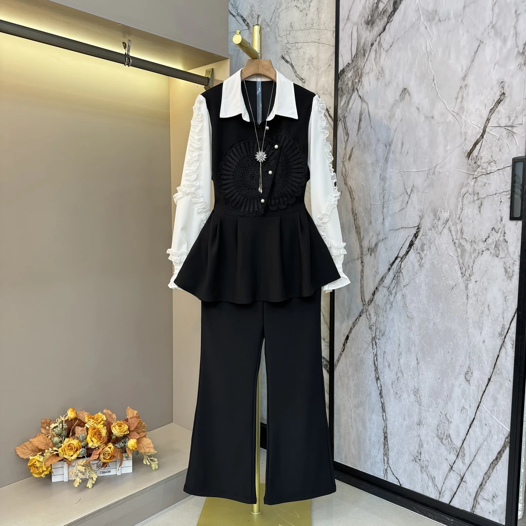 2025秋冬欧货设计感复古黑色时髦时尚气质上衣+裤子显瘦套装9178