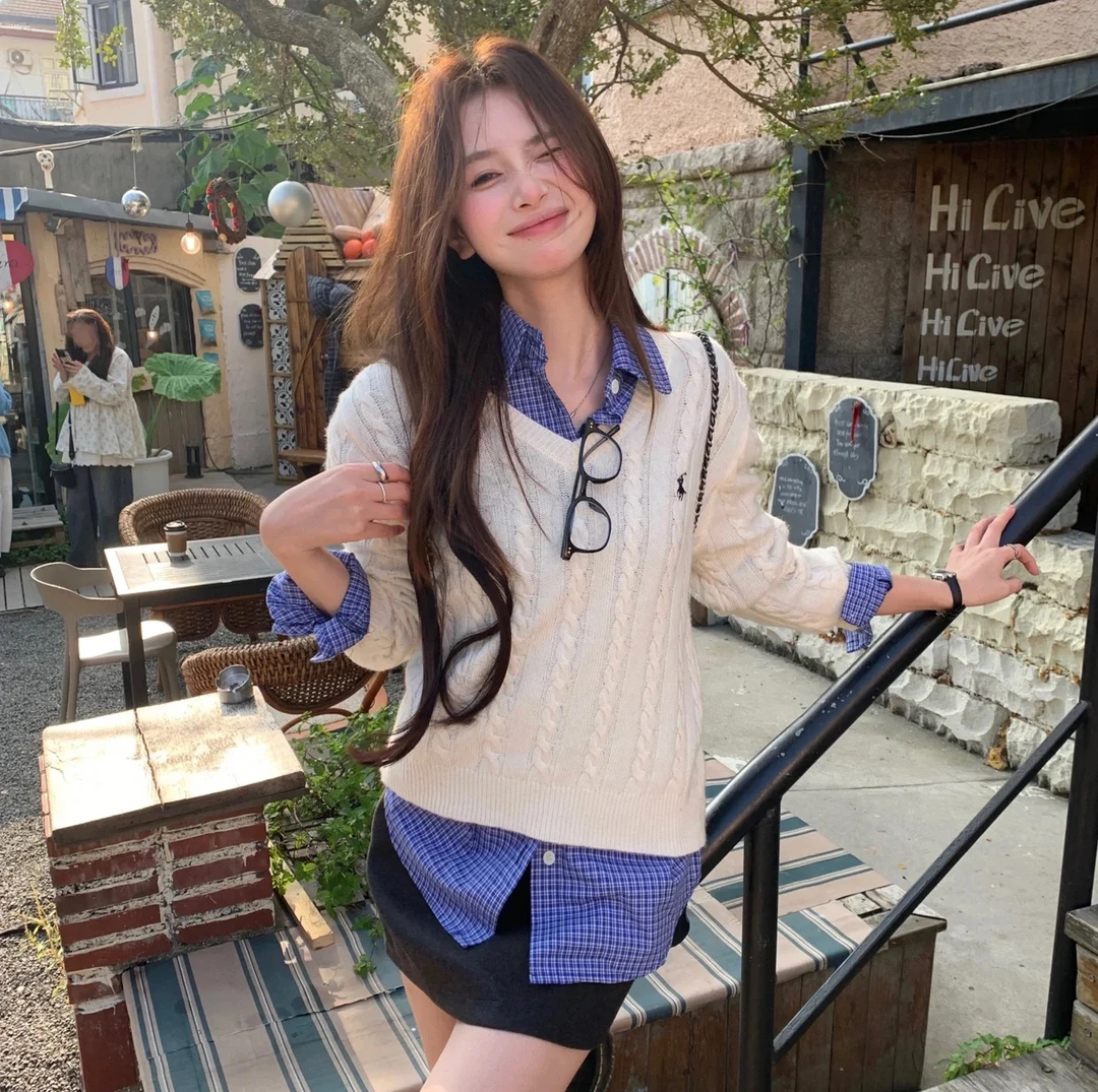 小马家经典休闲时尚小马刺绣纯色V领棉质套头针织衫秋冬女款 百搭