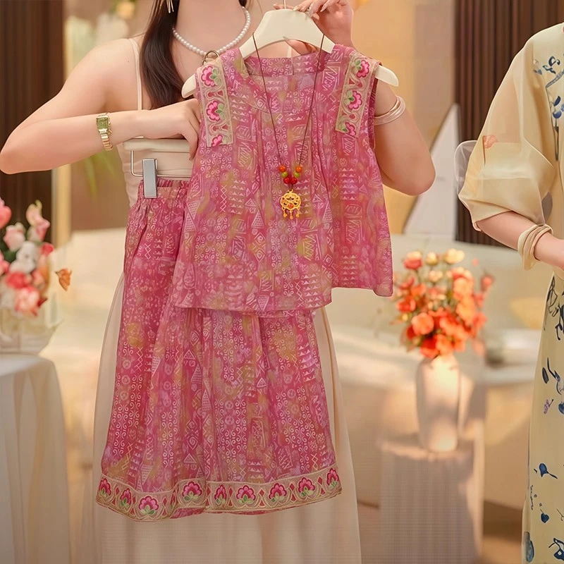 【米小逗家】女童2025年夏季新款粉色中国风气质裙裤凉快美时髦k133