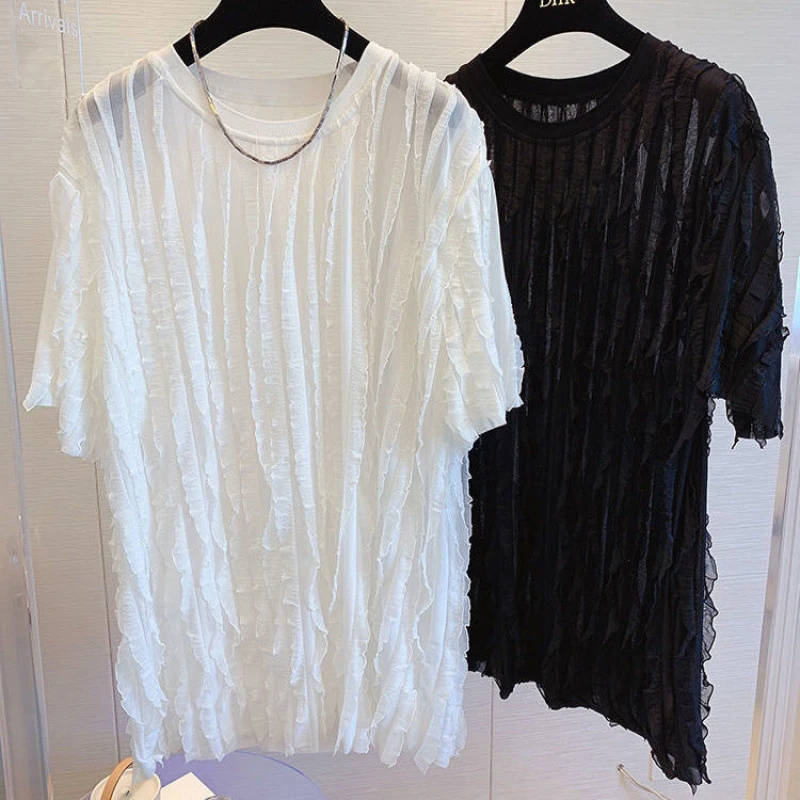 大码女装宽松休闲显瘦小众波浪蕾丝荷叶边中长款短袖T恤2024夏潮~