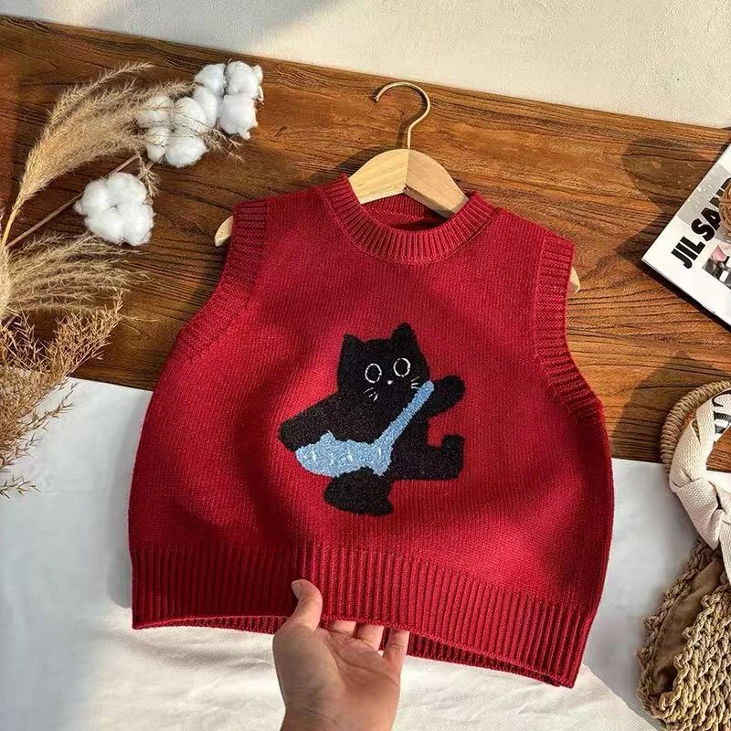 C11儿童粗针马甲秋冬外穿洋气新款男女童针织可爱小猫背心毛衣