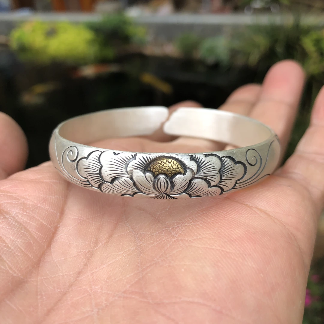 足银手镯 足银999花开富贵牡丹花开手工雕刻做旧复古嵌铜银手镯