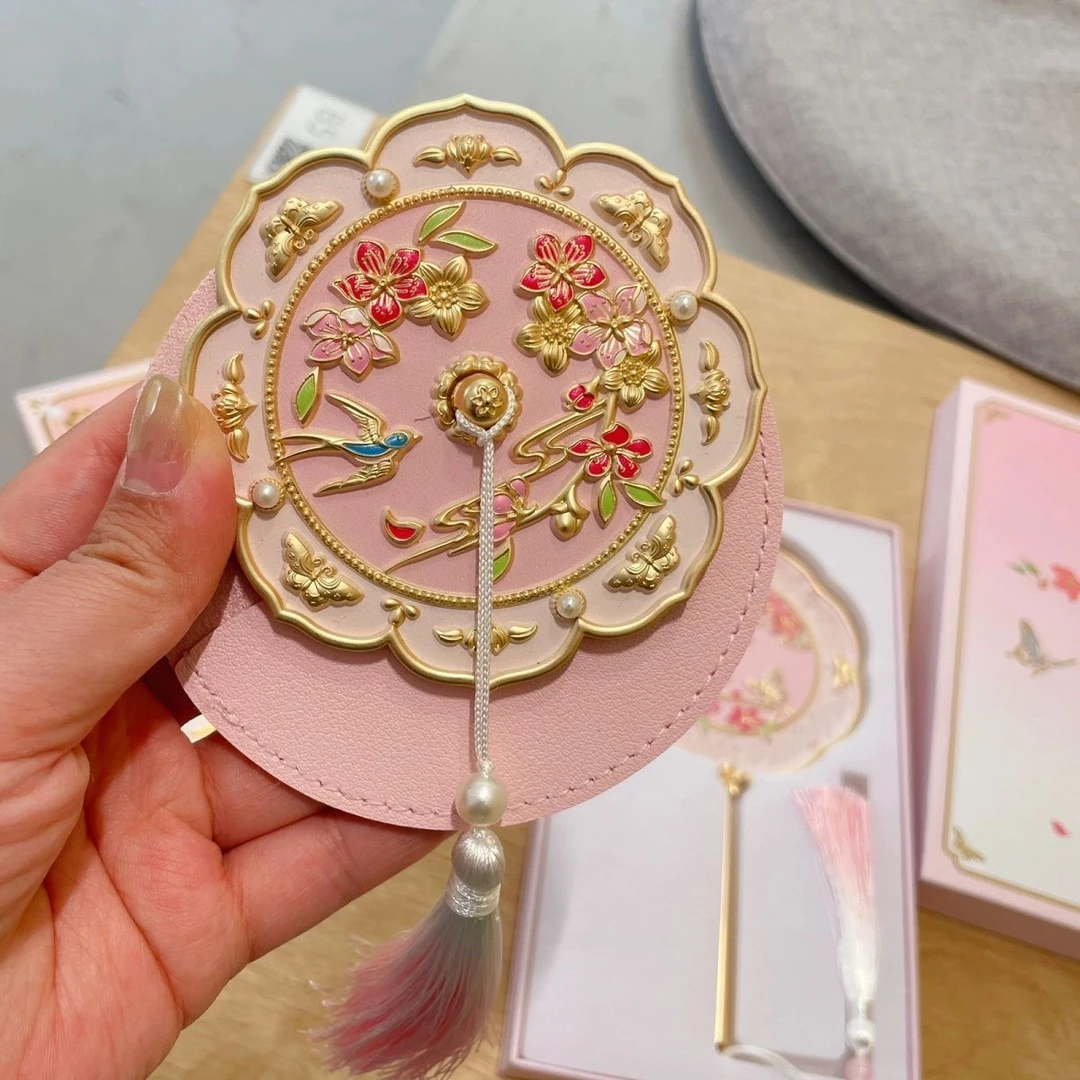 网红款桃花手持镜高颜值少女心随身便携化妆镜带手柄送朋友礼物