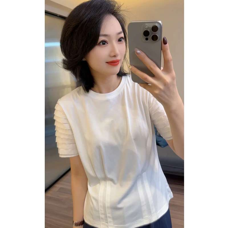 高品质立体褶皱短袖T恤女2025夏季新款上衣收腰抗皱显瘦上衣25127