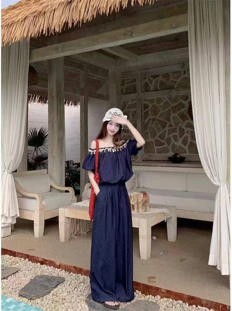 259101款波西米亚风锁骨短袖阔腿裤夏日新款绝美两件套