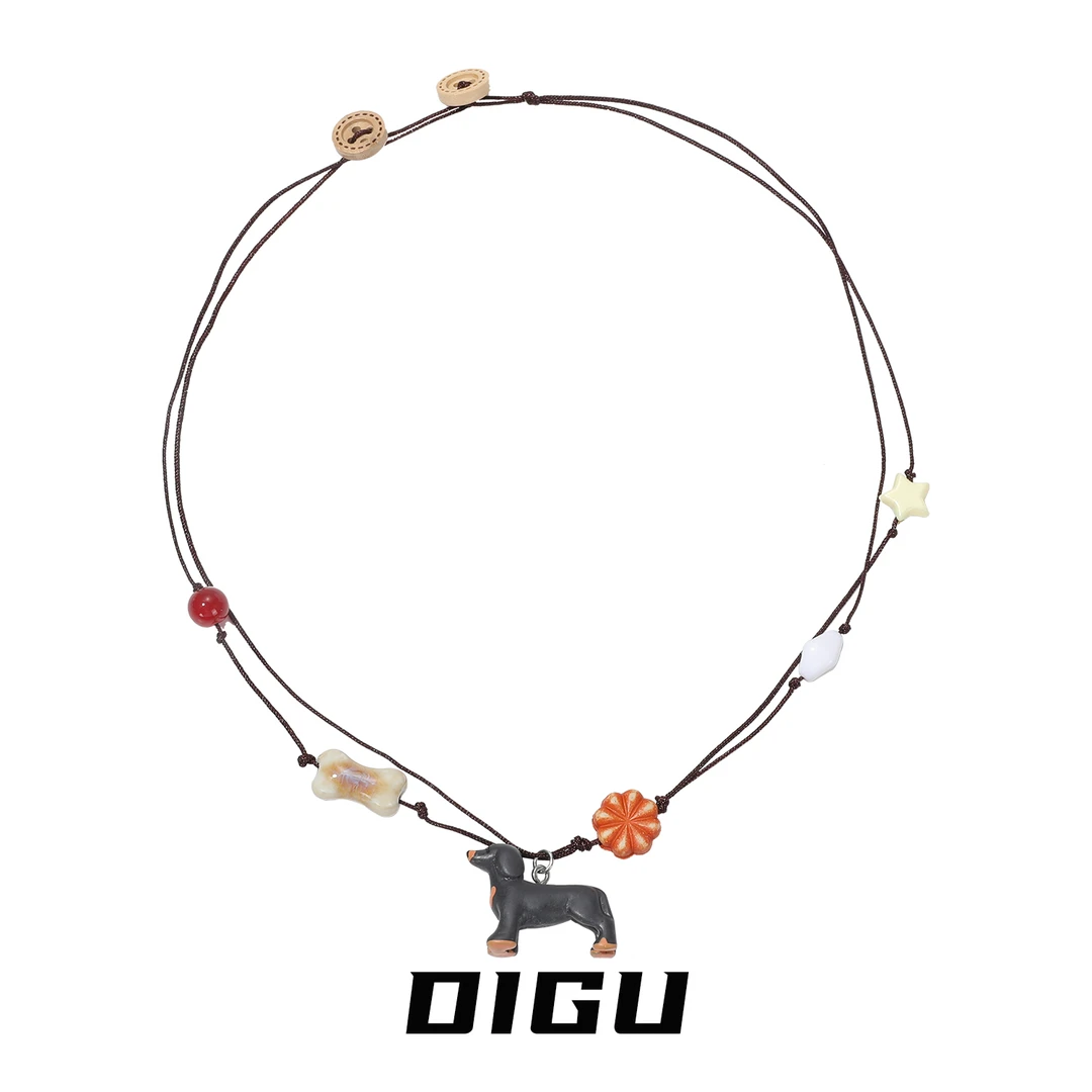 嘀咕家 铜合金木质项链 童趣卡通小狗吊坠项链腊肠狗锁骨链毛衣链