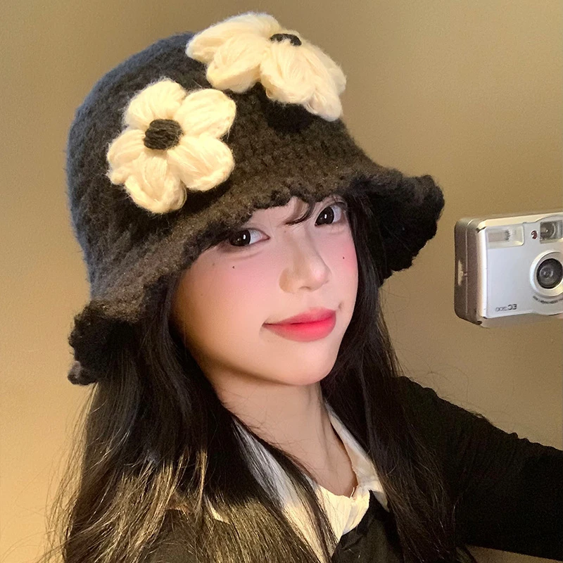 百搭冬季显脸小黑色水桶帽大头围保暖毛线帽子毛绒针织渔夫帽女