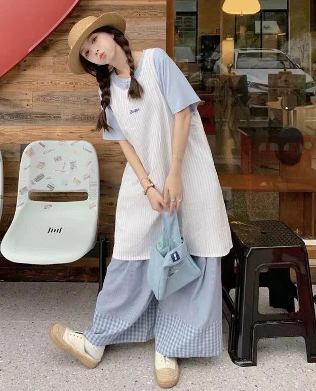 【茄子专属】复古套装女条纹刺绣背心裙短格子裤三件套99098