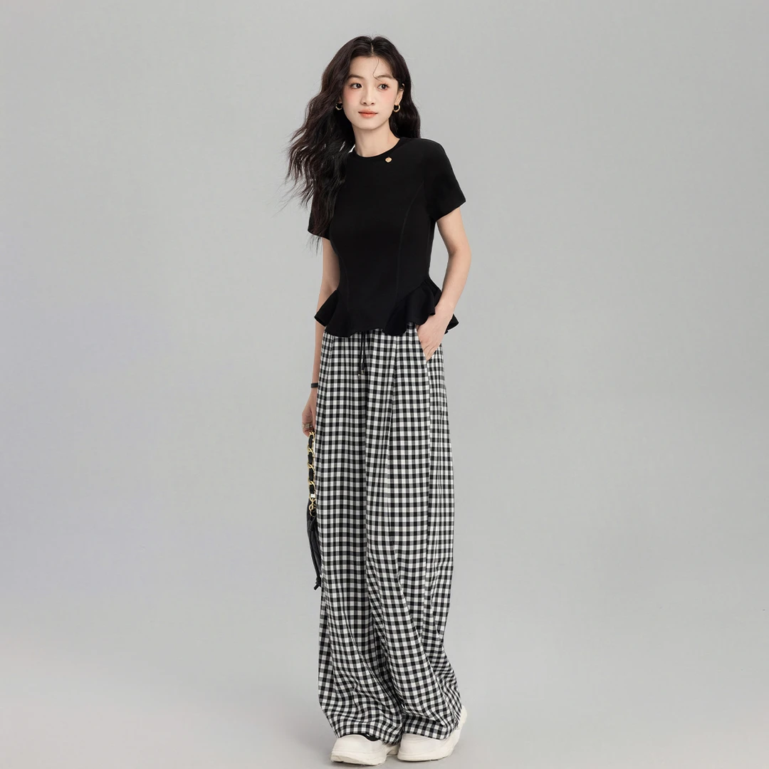 黑色短袖格子阔腿裤时尚套装女夏季高级感穿搭一整套上衣裤子宽松