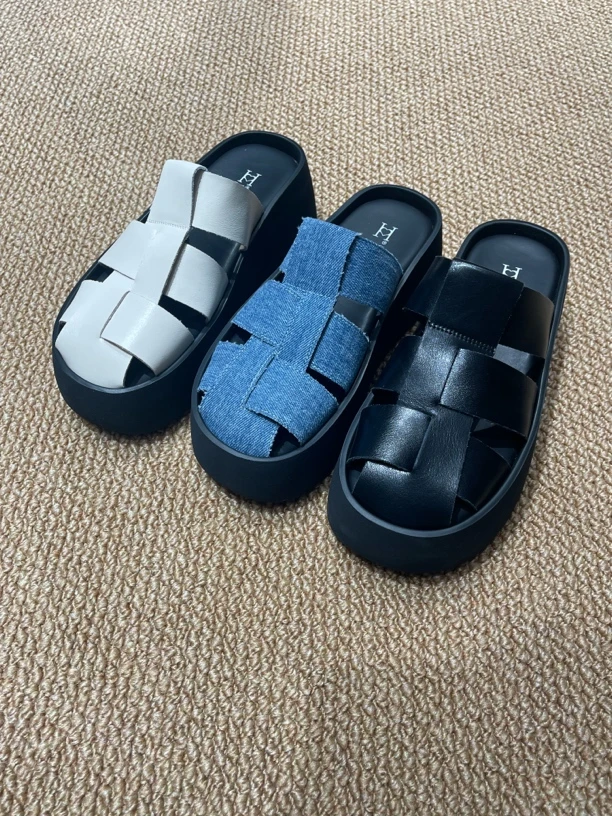 【LPZ】:6559797厚底编织镂空包头半拖鞋增高夏季新款懒人沙滩凉拖