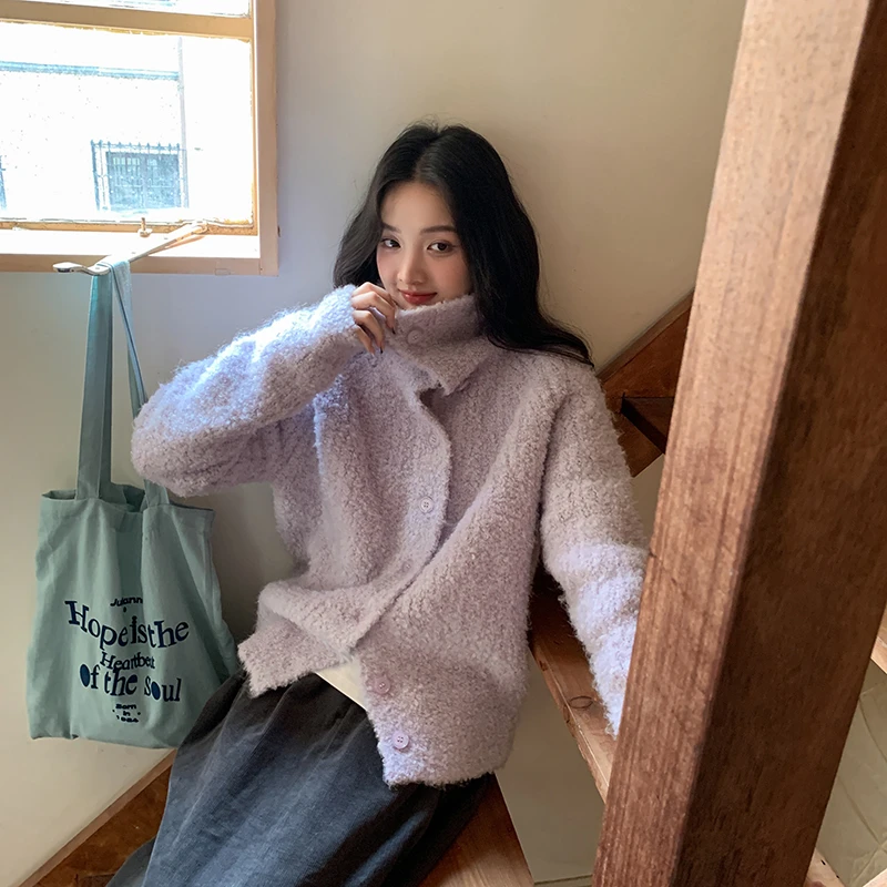 糖果云朵！柔软秋冬的纽扣翻领宽松毛针织衫M3281