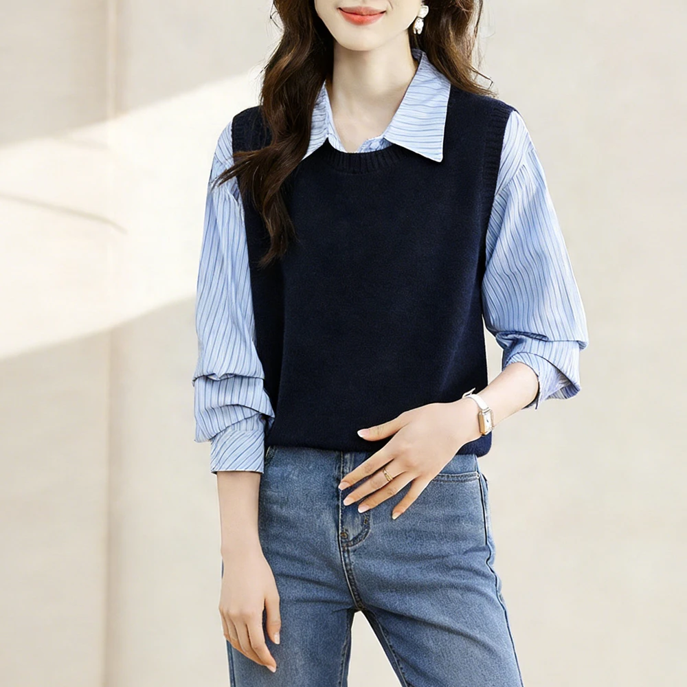 蓝色条纹衬衫+背心针织马甲套装女春秋新款轻职风长袖叠穿两件套