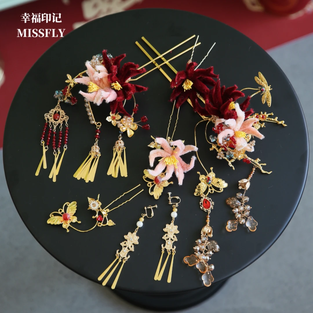 新娘金红色新中式绒花头饰秀禾旗袍龙凤褂汉服马面裙发饰配饰品