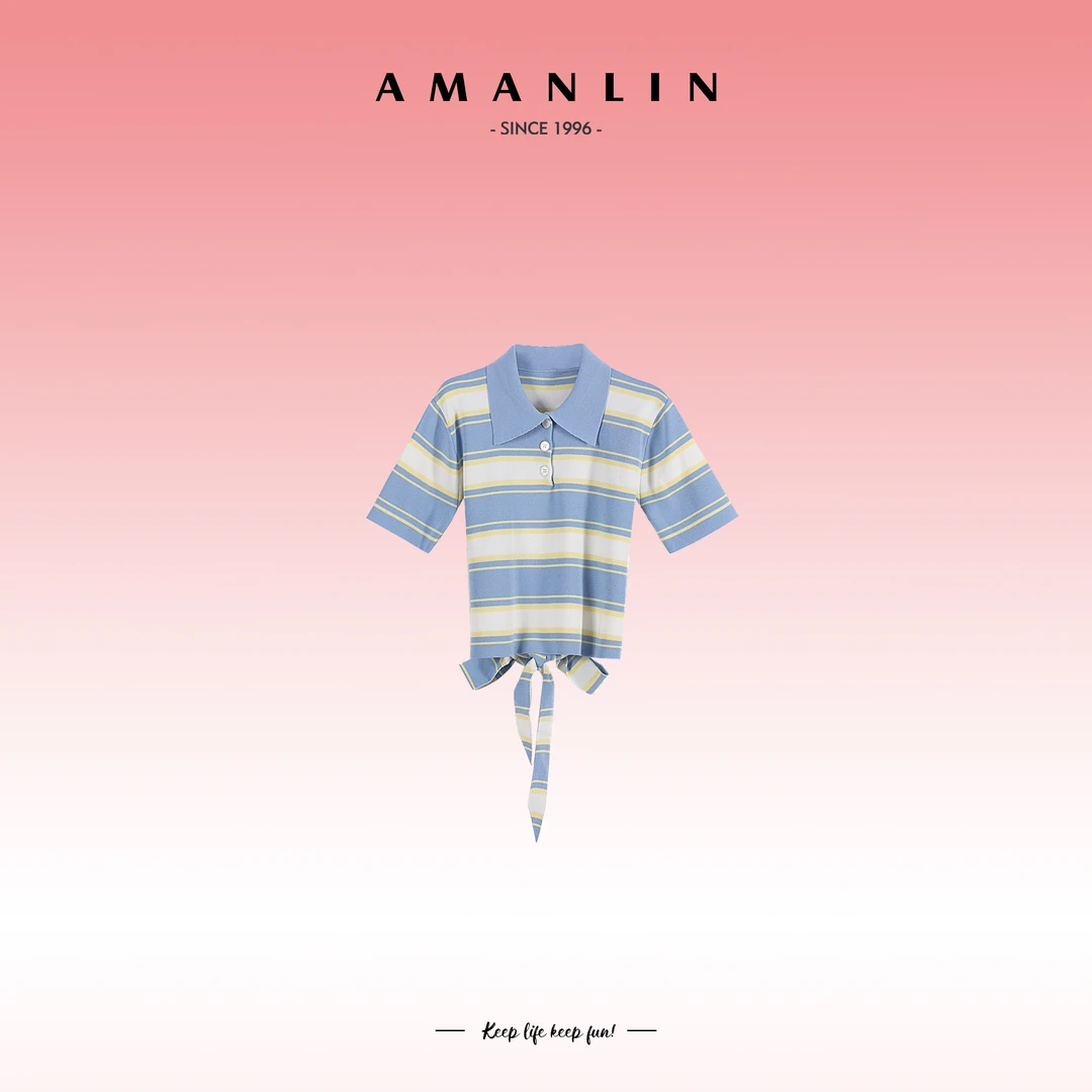 AMANLIN/阿谩琳欧若风高级感POLO领后背绑带条纹短款上衣Y595577