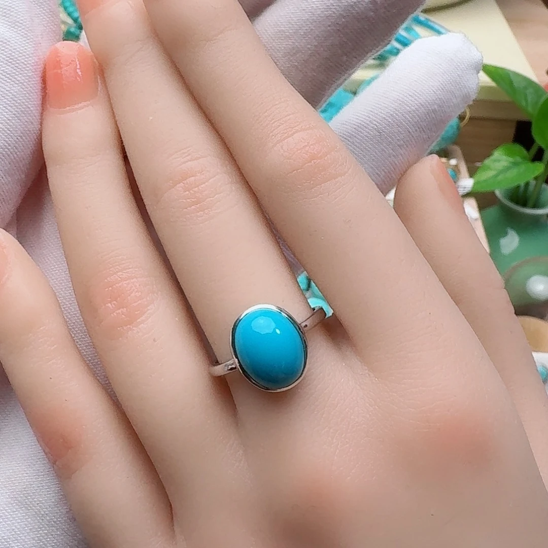 绿松石银S925镶嵌珠宝奇石简约饱满玉华蓝戒指