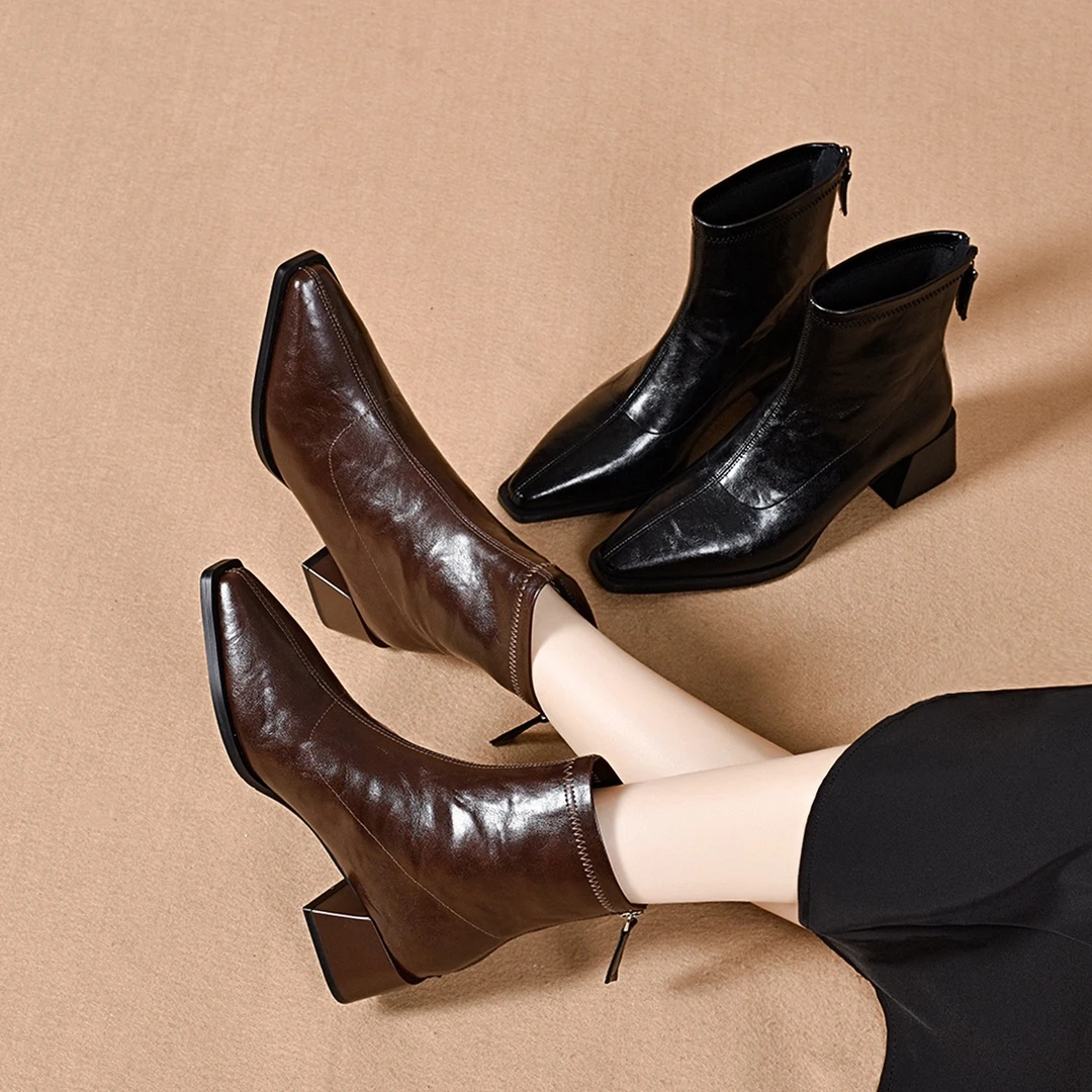 网红爆款尖头切尔西短靴女粗跟厚底网红短筒靴加绒防滑羊皮马丁靴