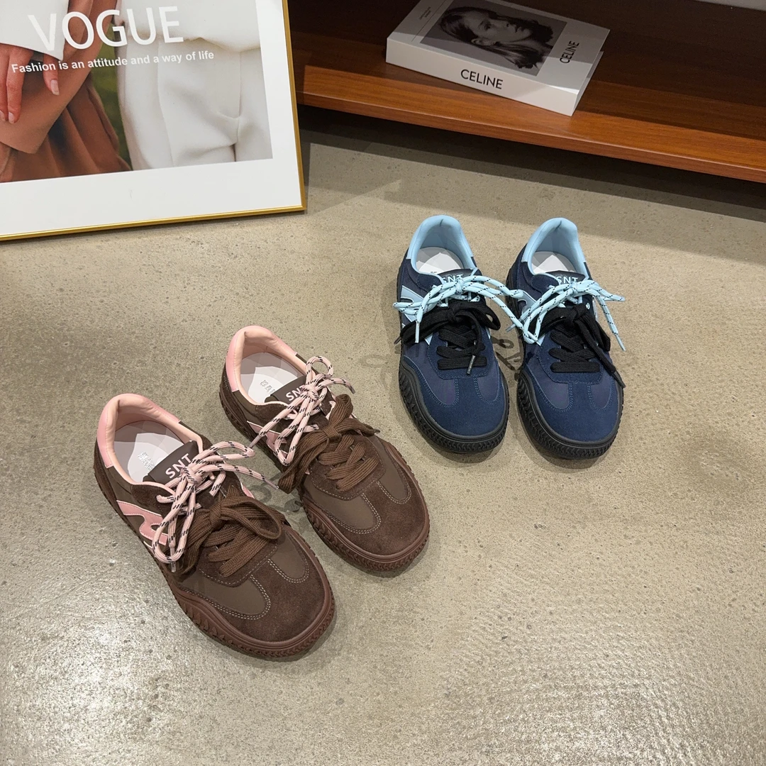 805-161秋季新品女真皮拼接布面双鞋带德训板鞋软底系带休闲鞋潮