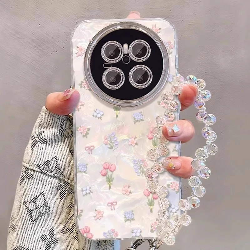 粉色郁金香适用于华为Mate80pro手机壳mate60pro带手链mt50贝壳纹