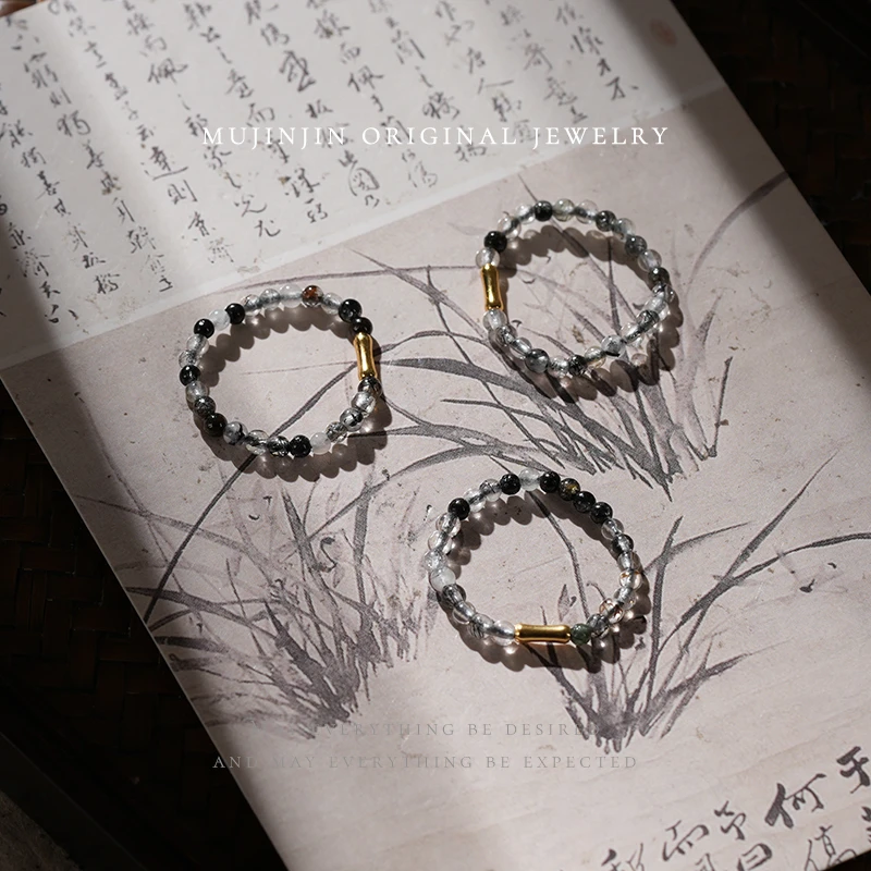 【木槿槿 槿选】天然黑发晶水晶戒指女款小巧精致时尚多样性发一