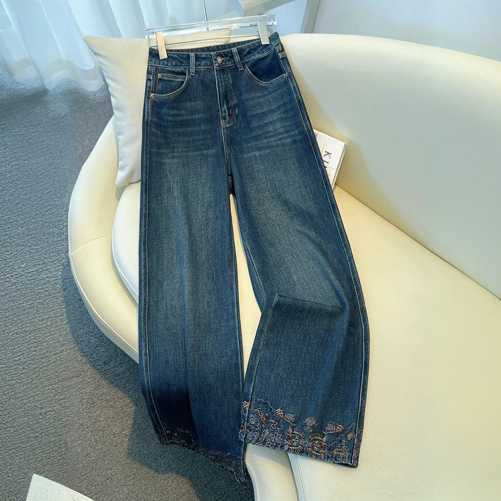 复古阔腿牛仔裤女春秋季2025新款高级感刺绣窄版九分裤显瘦直筒裤